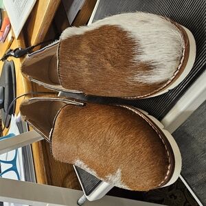 Brown and White Fur Slip-On Shoes